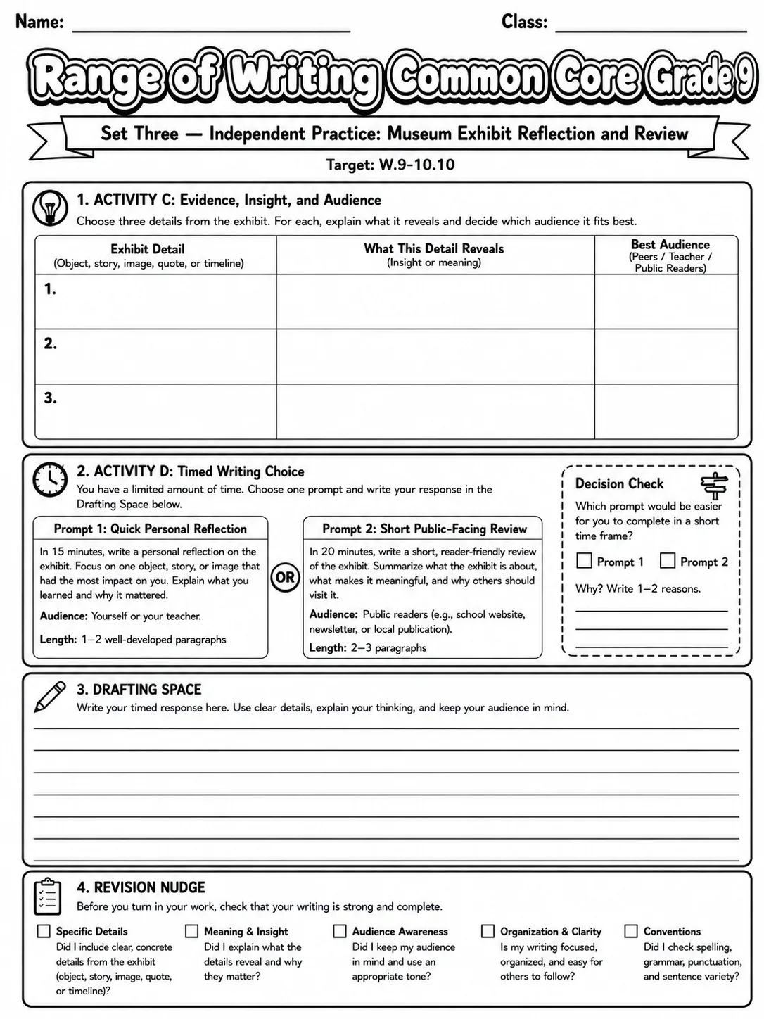 Range of Writing Common Core Grade 9 page 8 printable Common Core ELA worksheet preview