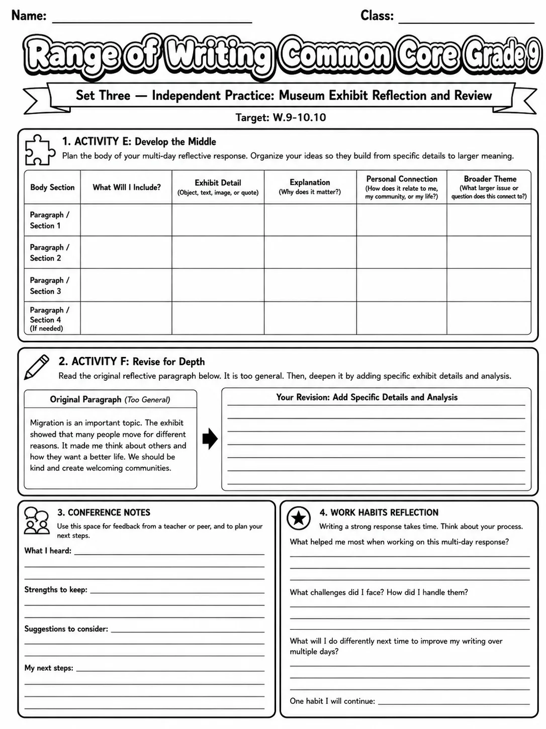 Range of Writing Common Core Grade 9 page 9 printable Common Core ELA worksheet preview