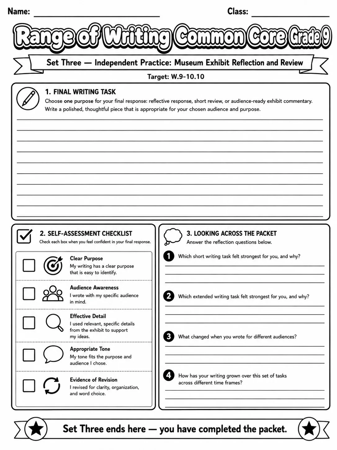 Range of Writing Common Core Grade 9 page 10 printable Common Core ELA worksheet preview