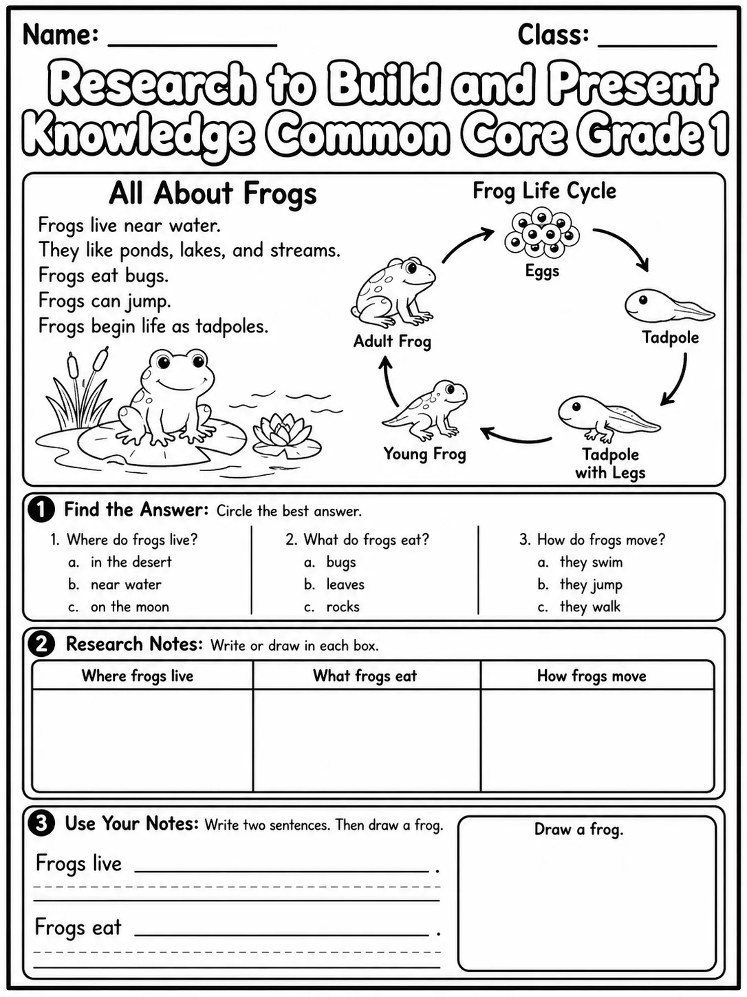 Research to Build and Present Knowledge Common Core Grade 1 page 2 printable Common Core ELA worksheet preview
