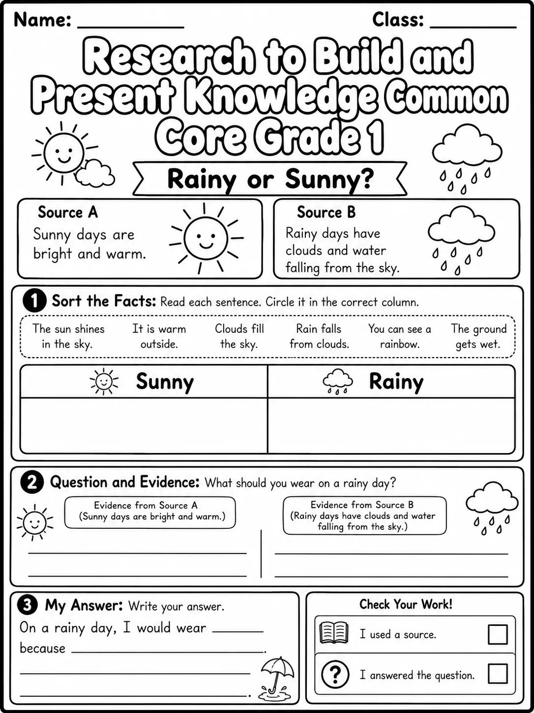 Research to Build and Present Knowledge Common Core Grade 1 page 3 printable Common Core ELA worksheet preview