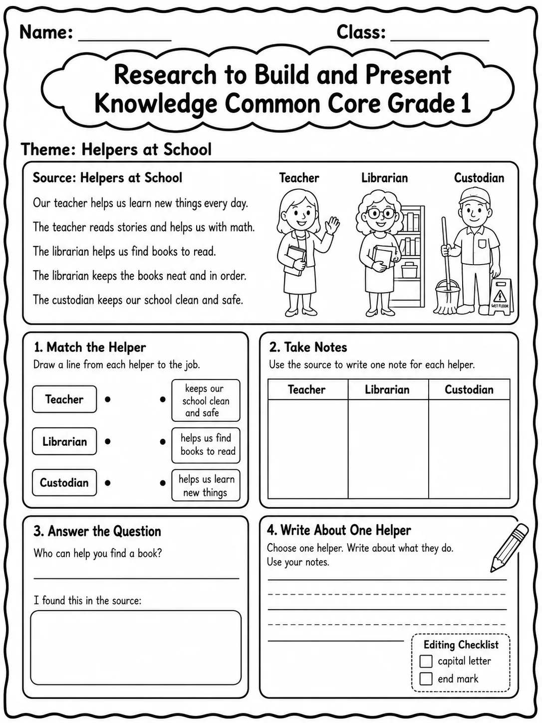 Research to Build and Present Knowledge Common Core Grade 1 page 4 printable Common Core ELA worksheet preview