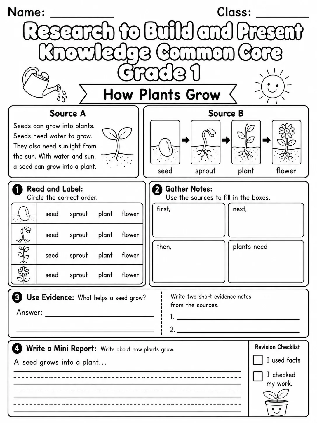 Research to Build and Present Knowledge Common Core Grade 1 page 5 printable Common Core ELA worksheet preview