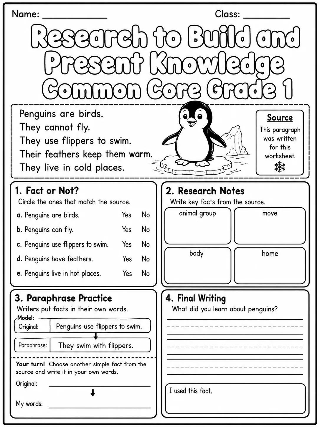 Research to Build and Present Knowledge Common Core Grade 1 page 6 printable Common Core ELA worksheet preview