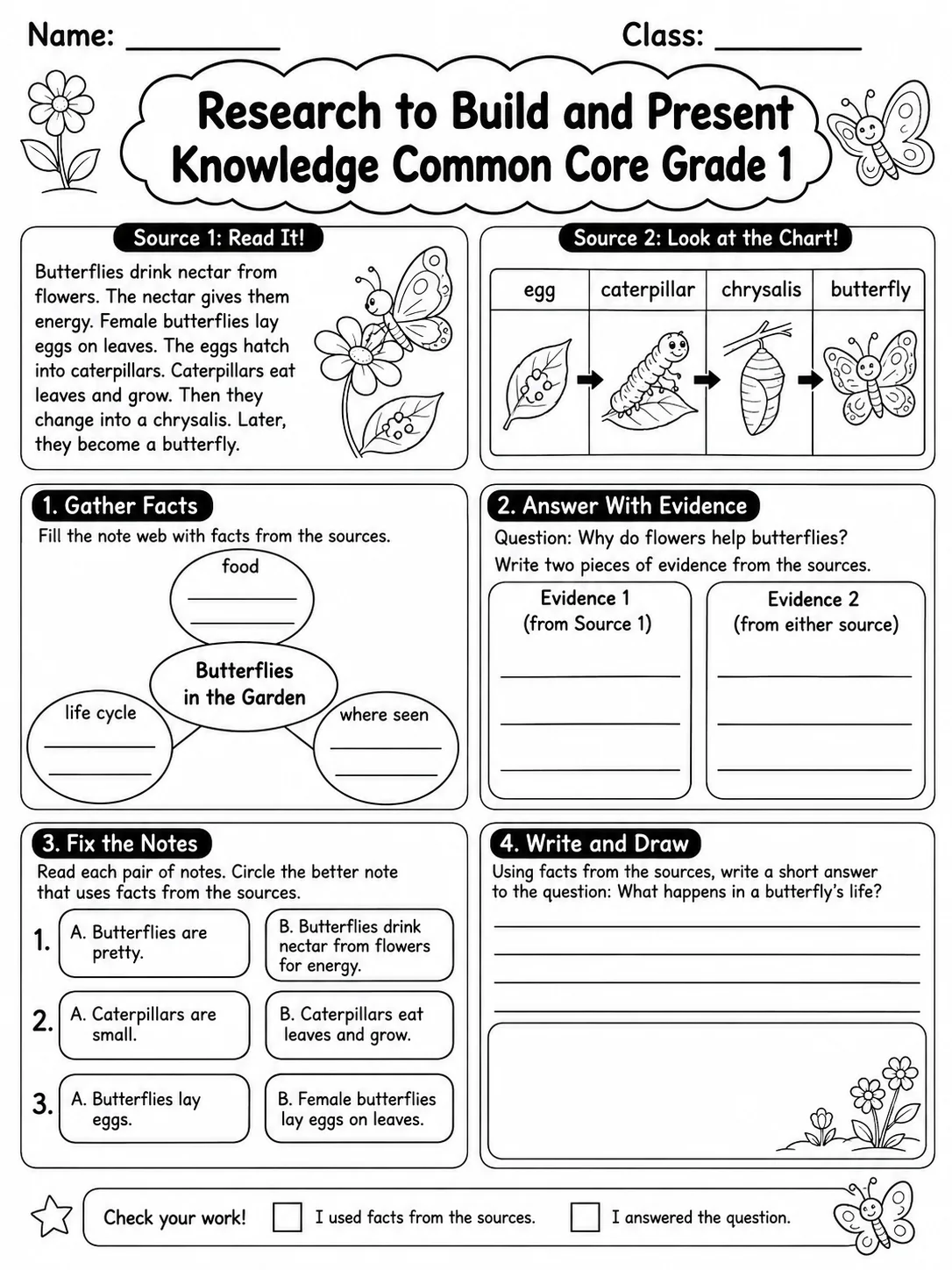 Research to Build and Present Knowledge Common Core Grade 1 page 7 printable Common Core ELA worksheet preview