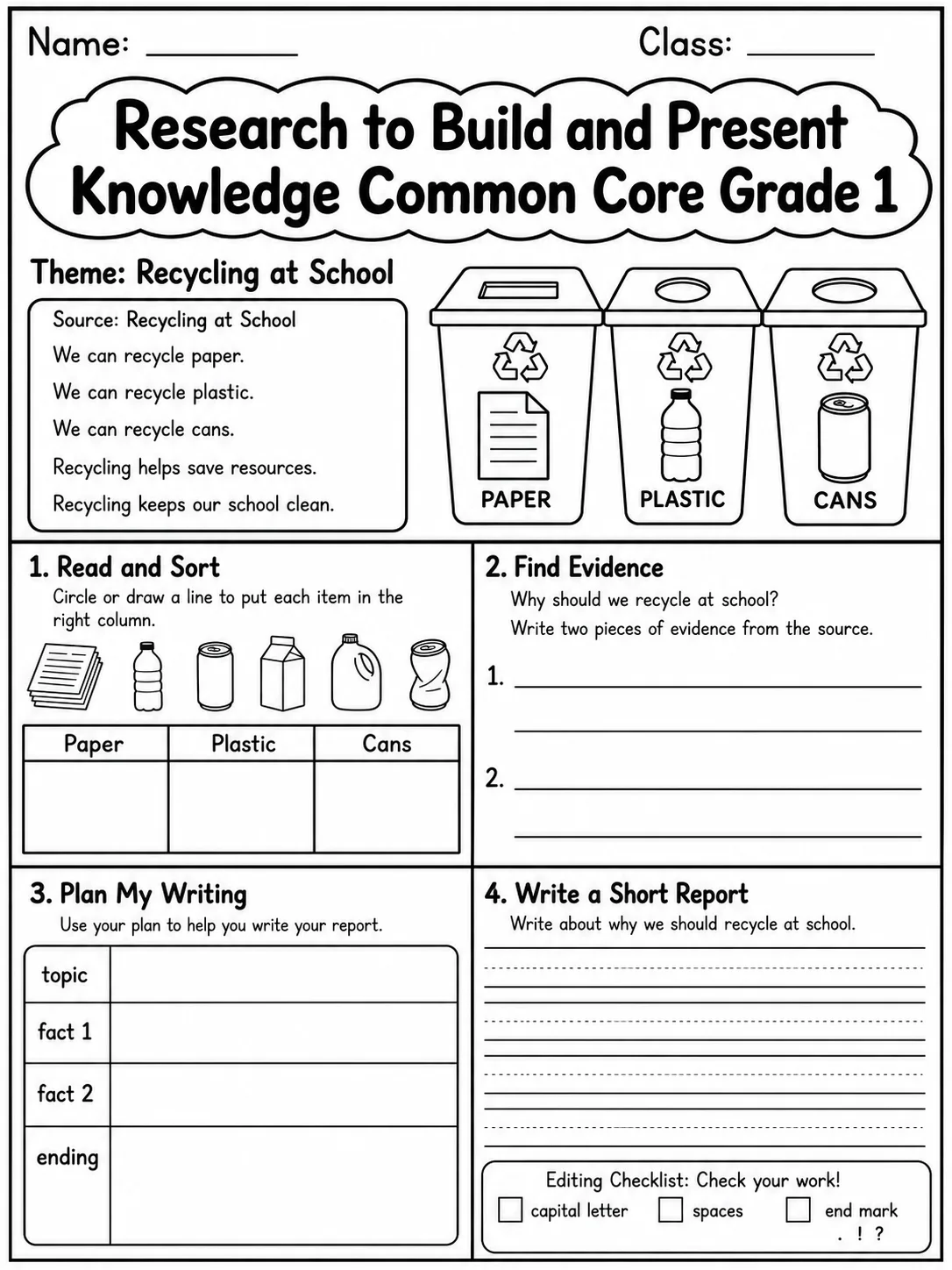 Research to Build and Present Knowledge Common Core Grade 1 page 8 printable Common Core ELA worksheet preview