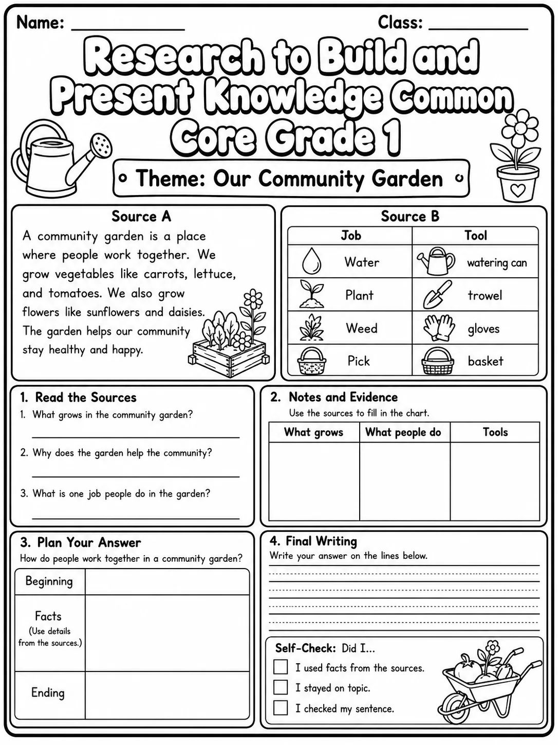 Research to Build and Present Knowledge Common Core Grade 1 page 9 printable Common Core ELA worksheet preview