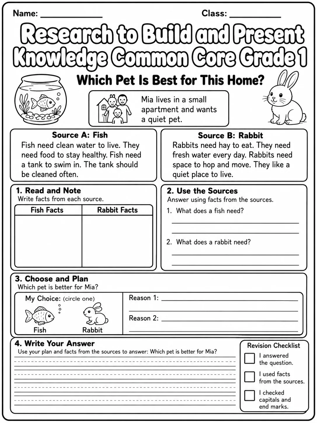 Research to Build and Present Knowledge Common Core Grade 1 page 10 printable Common Core ELA worksheet preview