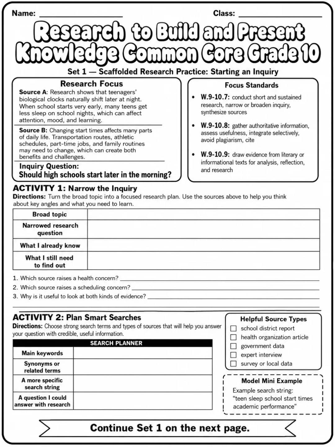 Research to Build and Present Knowledge Common Core Grade 10 printable Common Core ELA Grade 10 worksheet preview from KiwiBee