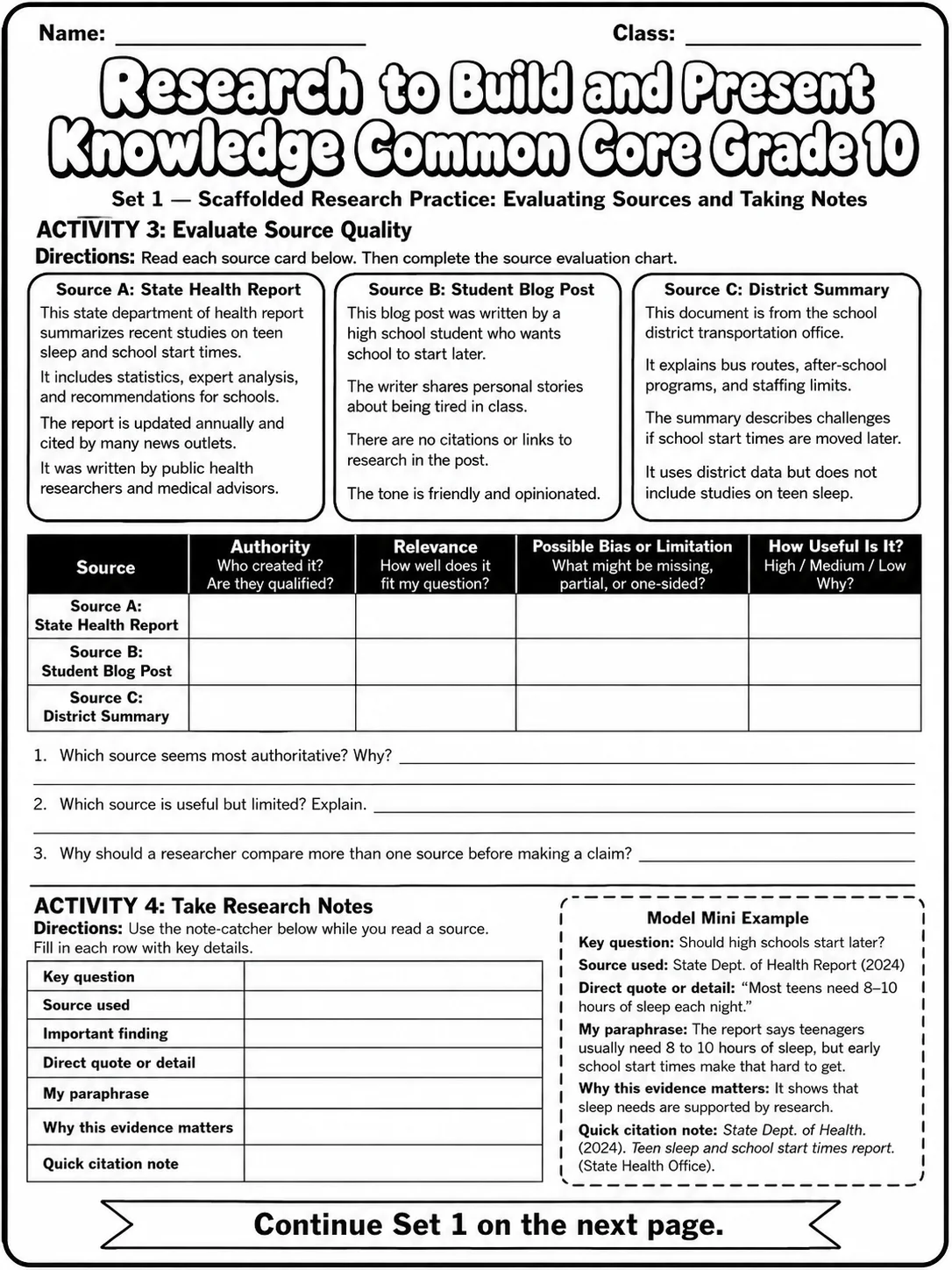 Research to Build and Present Knowledge Common Core Grade 10 page 2 printable Common Core ELA worksheet preview
