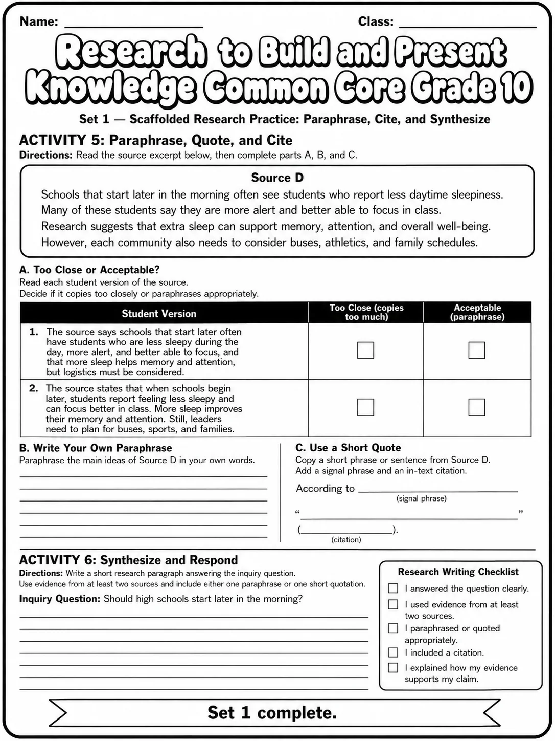 Research to Build and Present Knowledge Common Core Grade 10 page 3 printable Common Core ELA worksheet preview