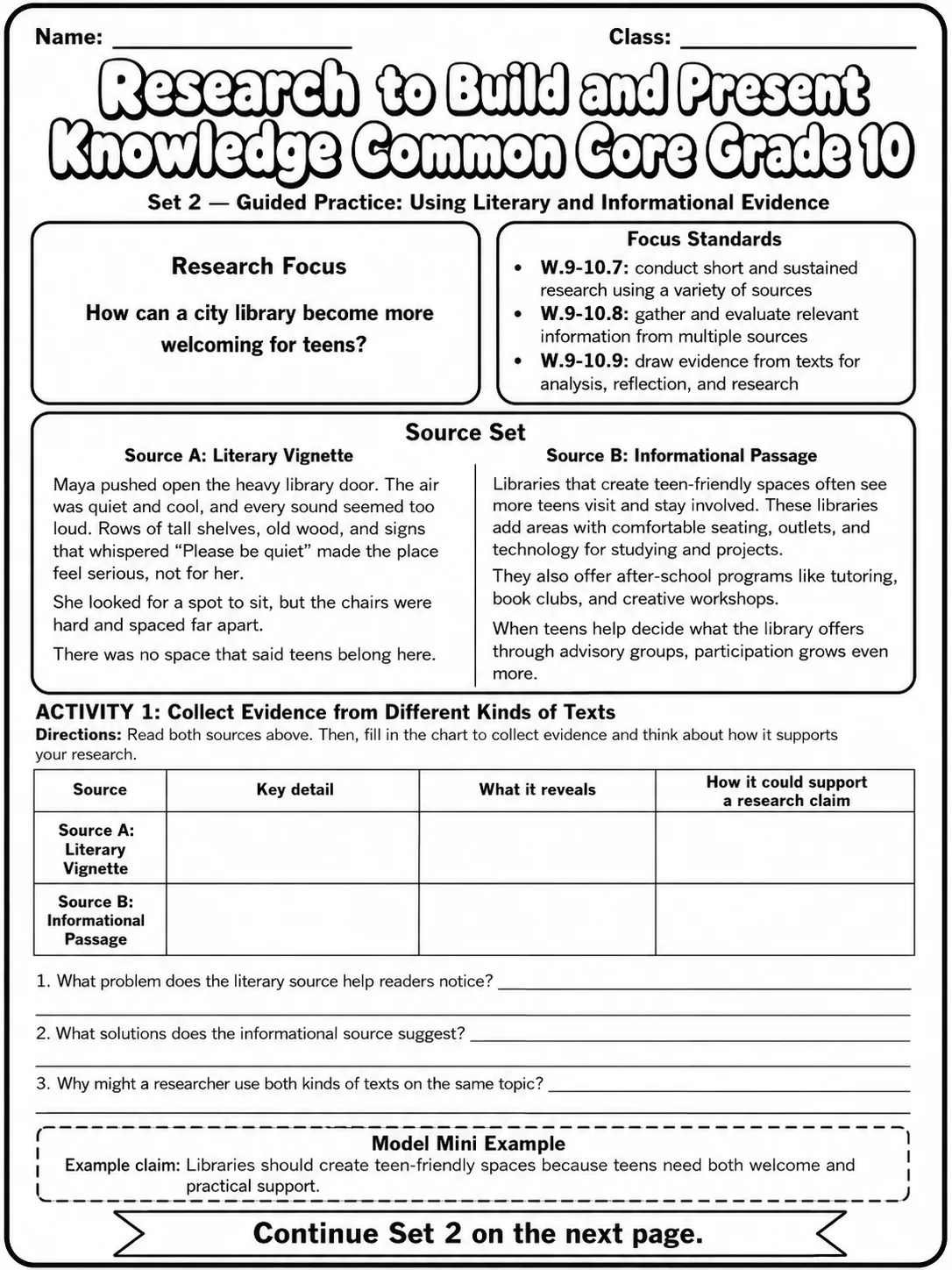 Research to Build and Present Knowledge Common Core Grade 10 page 4 printable Common Core ELA worksheet preview
