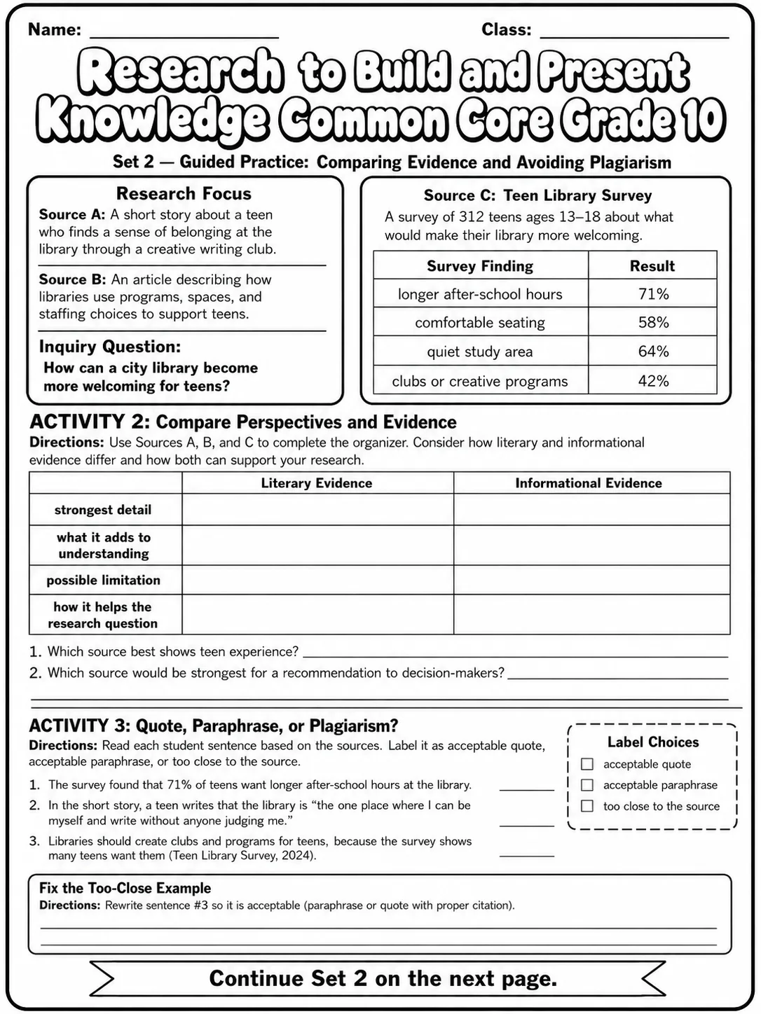 Research to Build and Present Knowledge Common Core Grade 10 page 5 printable Common Core ELA worksheet preview