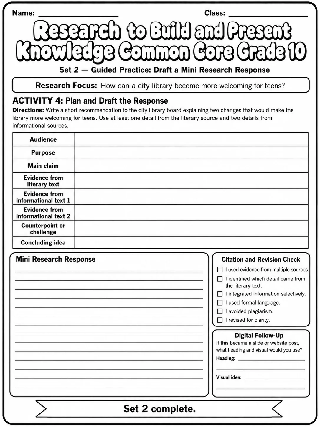 Research to Build and Present Knowledge Common Core Grade 10 page 6 printable Common Core ELA worksheet preview