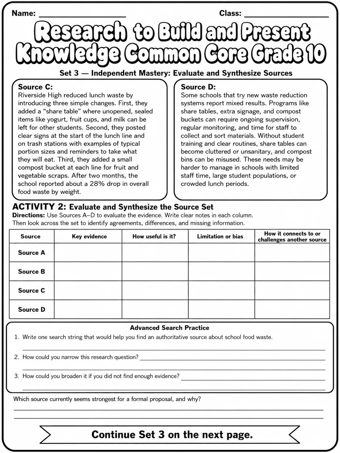 Research to Build and Present Knowledge Common Core Grade 10 page 8 printable Common Core ELA worksheet preview