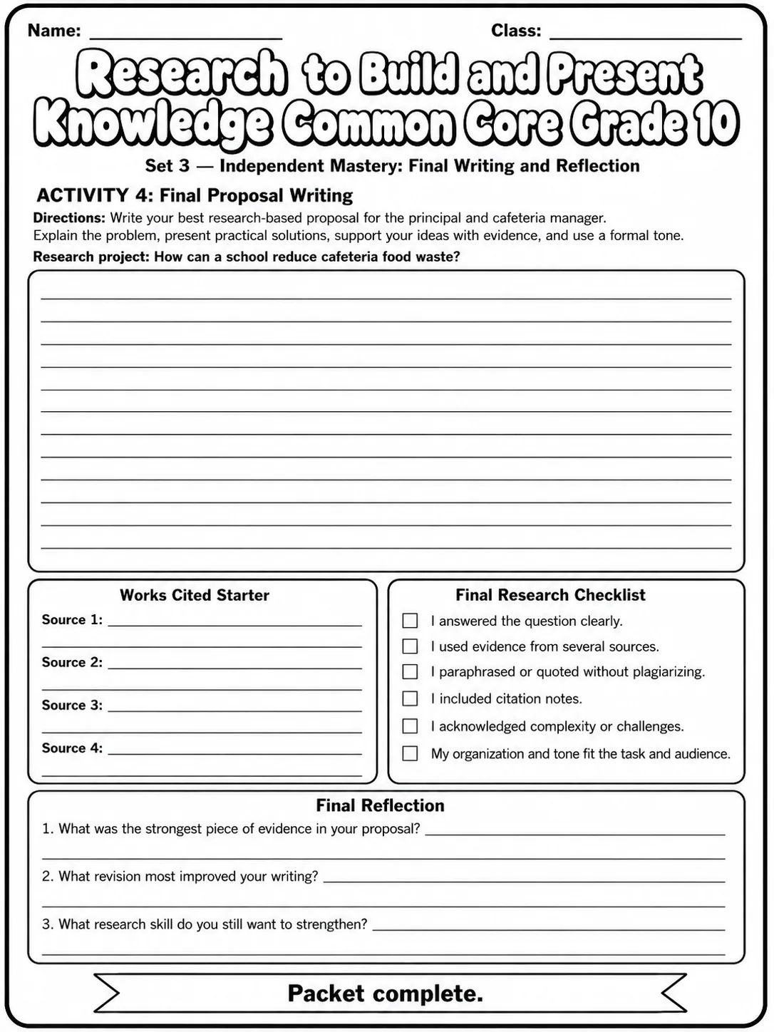 Research to Build and Present Knowledge Common Core Grade 10 page 10 printable Common Core ELA worksheet preview