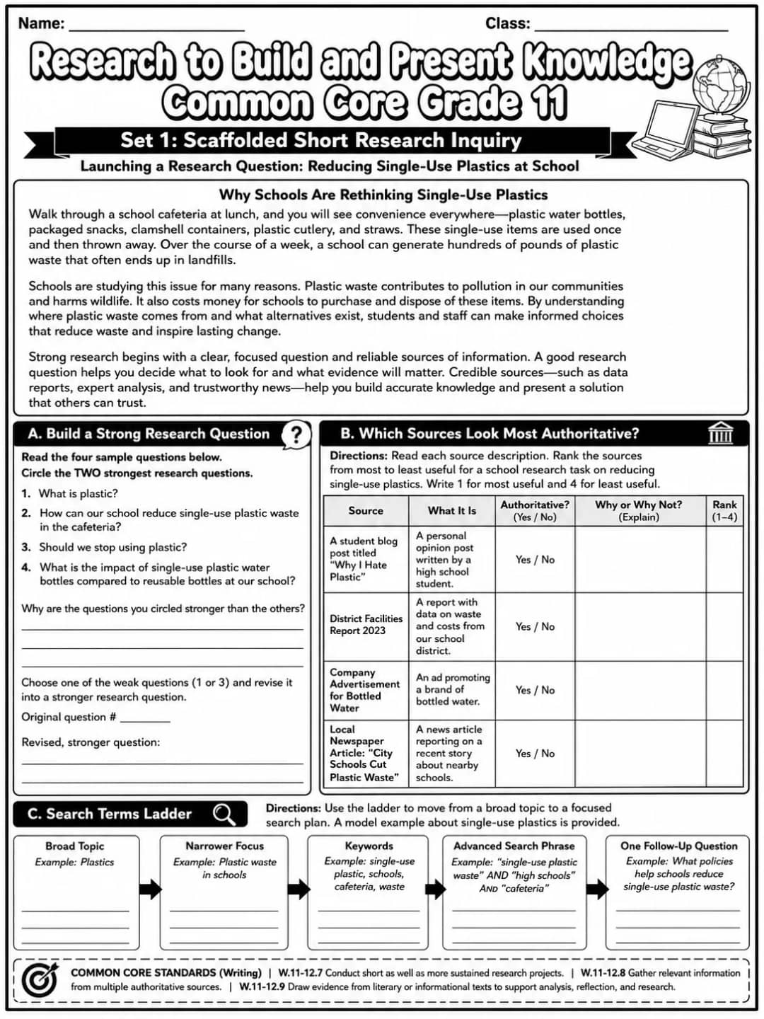 Research to Build and Present Knowledge Common Core Grade 11 printable Common Core ELA Grade 11 worksheet preview from KiwiBee