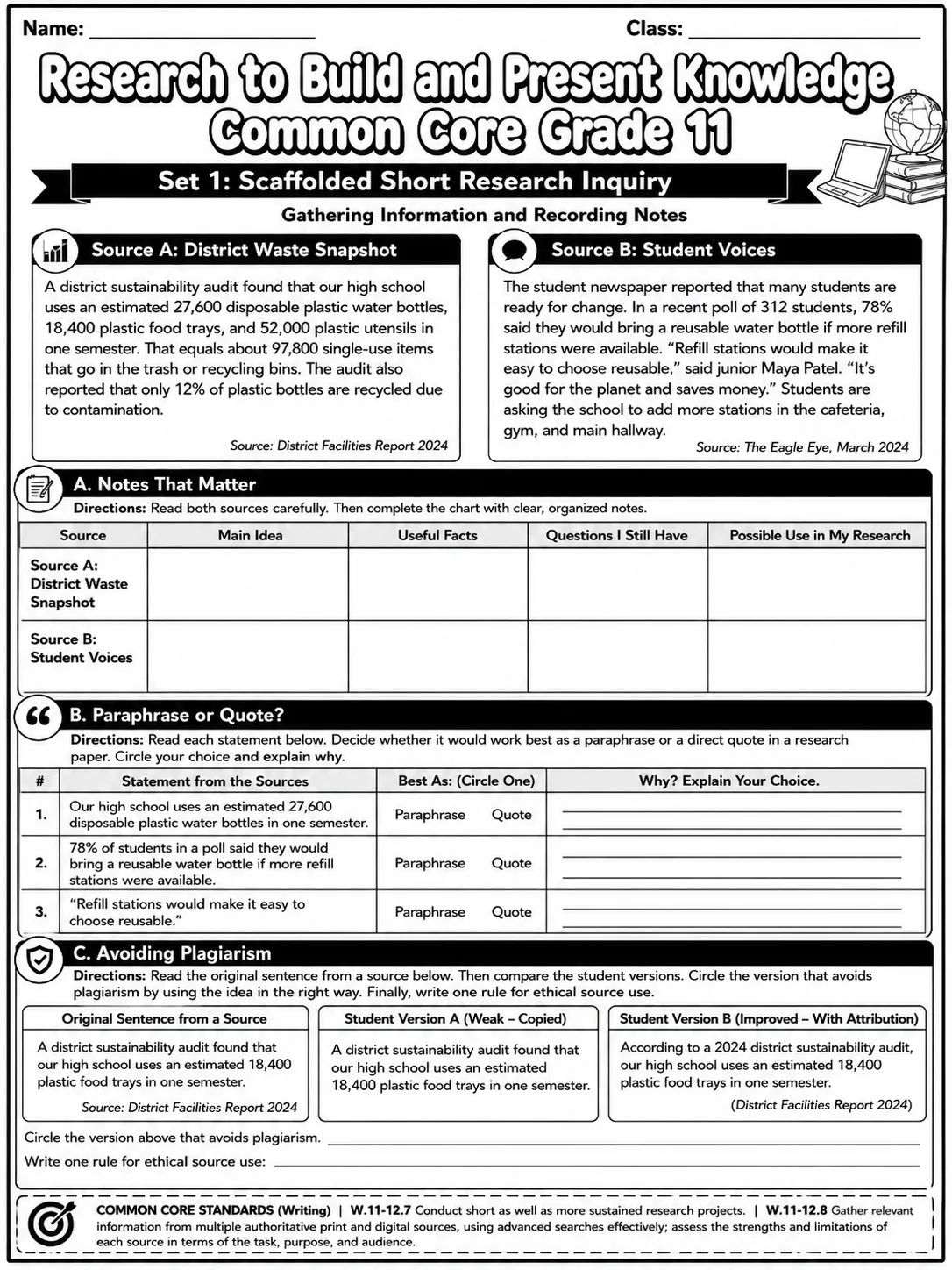 Research to Build and Present Knowledge Common Core Grade 11 page 2 printable Common Core ELA worksheet preview
