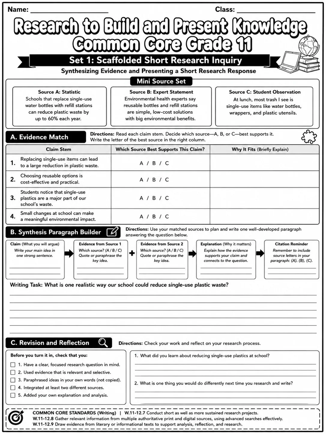 Research to Build and Present Knowledge Common Core Grade 11 page 3 printable Common Core ELA worksheet preview