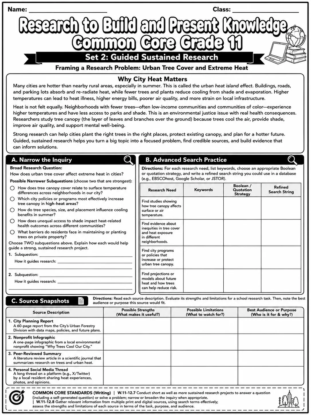 Research to Build and Present Knowledge Common Core Grade 11 page 4 printable Common Core ELA worksheet preview