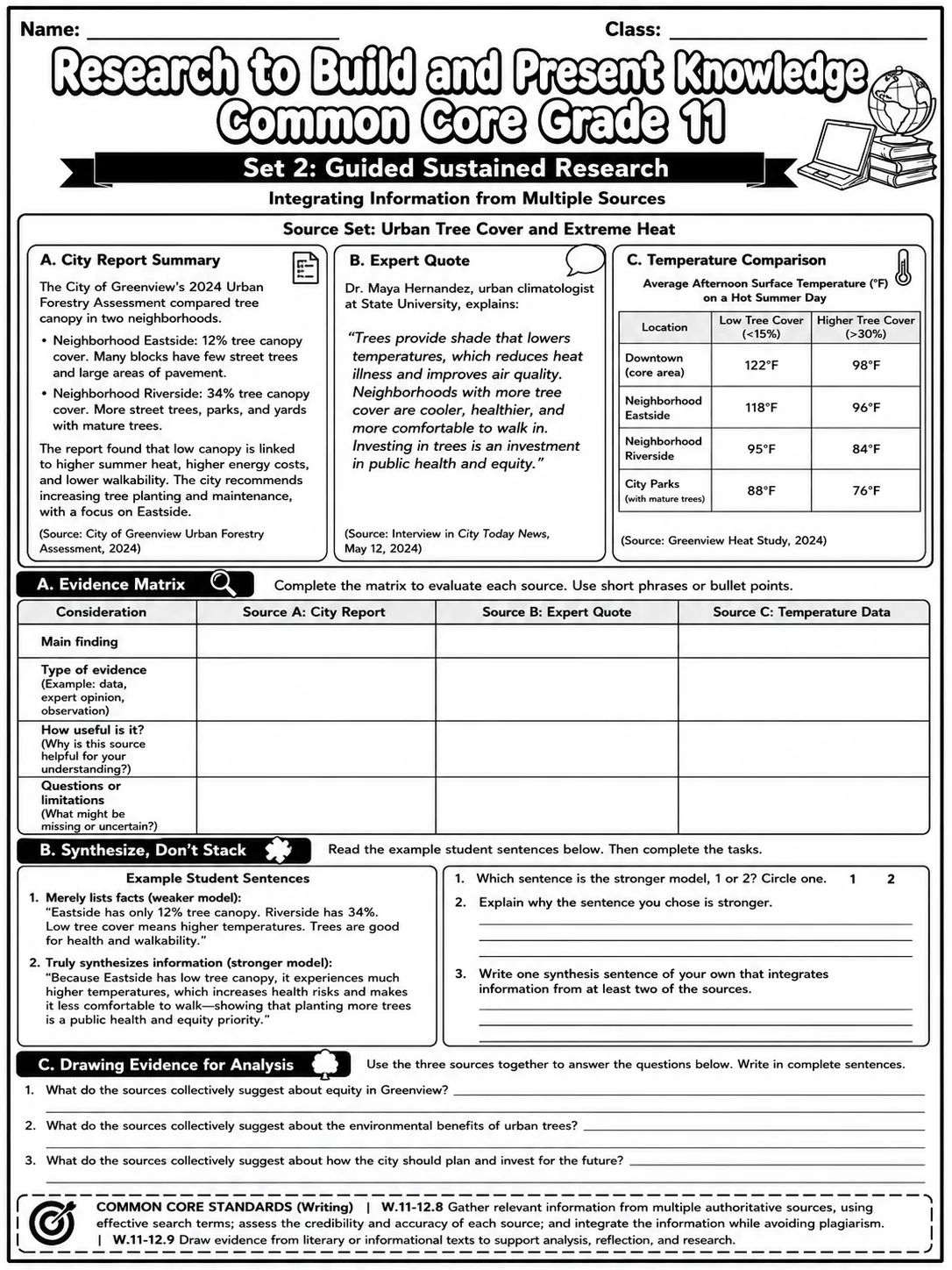 Research to Build and Present Knowledge Common Core Grade 11 page 5 printable Common Core ELA worksheet preview