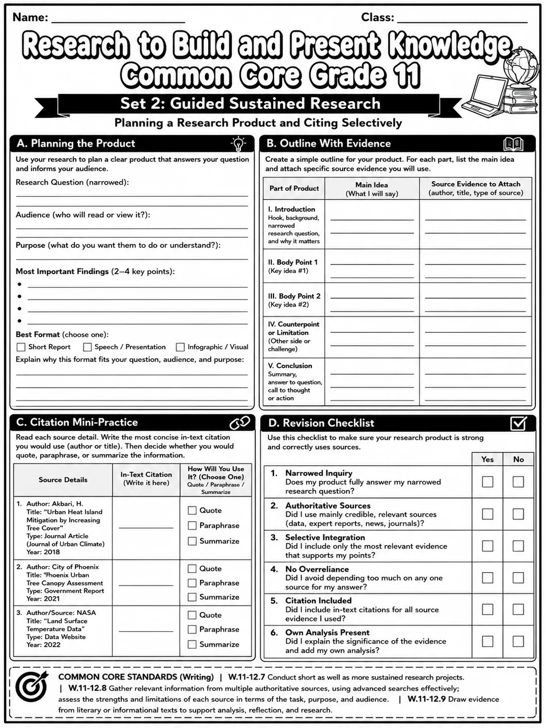 Research to Build and Present Knowledge Common Core Grade 11 page 6 printable Common Core ELA worksheet preview