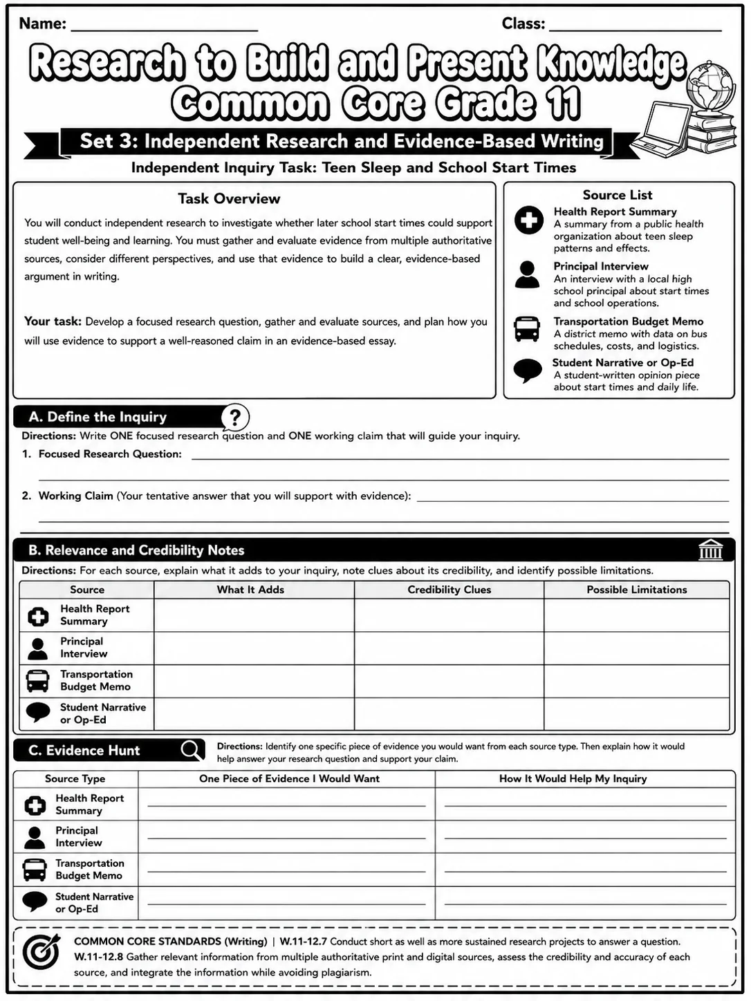 Research to Build and Present Knowledge Common Core Grade 11 page 7 printable Common Core ELA worksheet preview