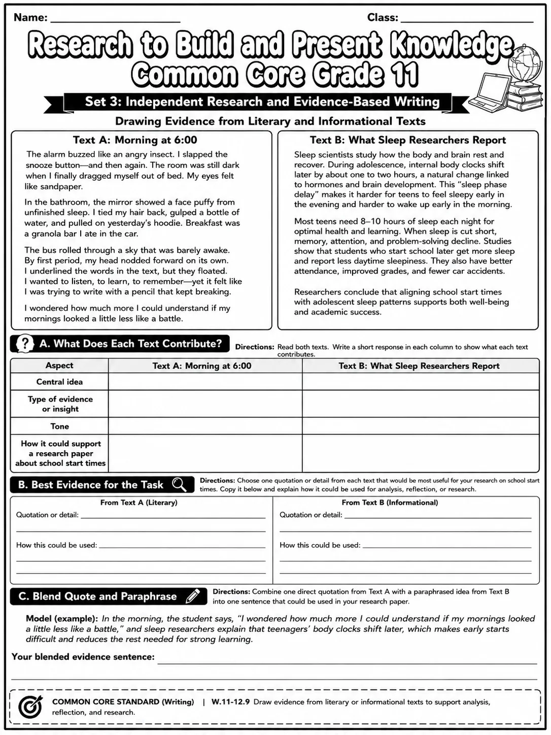 Research to Build and Present Knowledge Common Core Grade 11 page 8 printable Common Core ELA worksheet preview