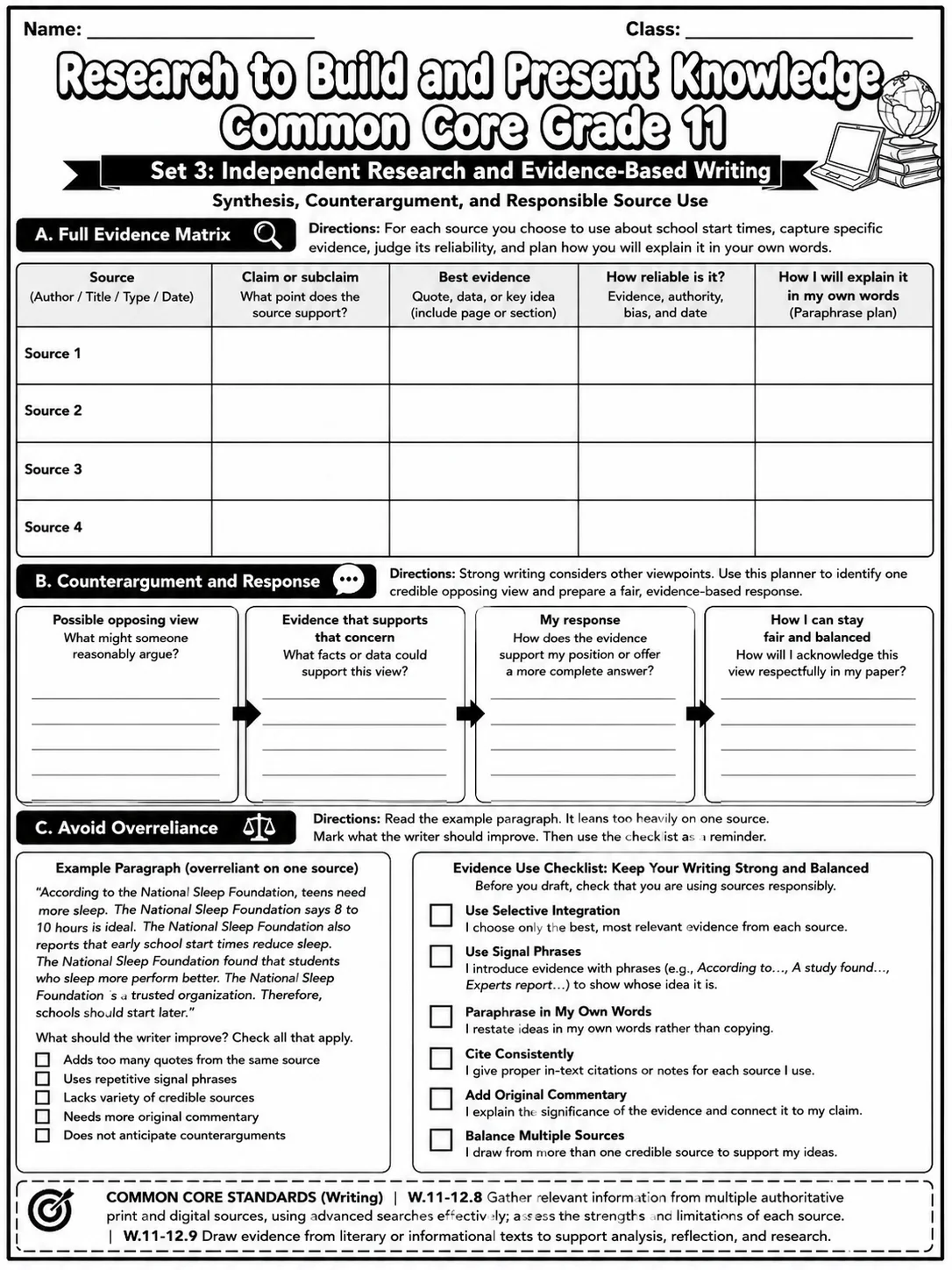 Research to Build and Present Knowledge Common Core Grade 11 page 9 printable Common Core ELA worksheet preview