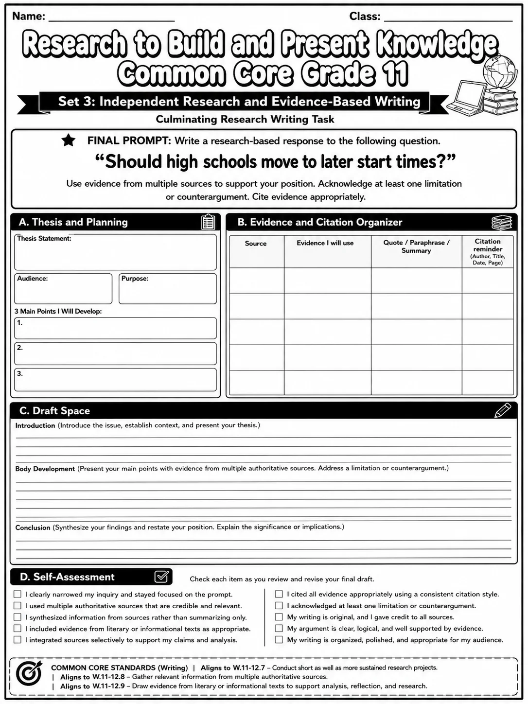 Research to Build and Present Knowledge Common Core Grade 11 page 10 printable Common Core ELA worksheet preview
