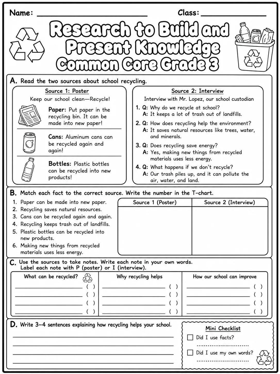 Research to Build and Present Knowledge Common Core Grade 3 page 4 printable Common Core ELA worksheet preview