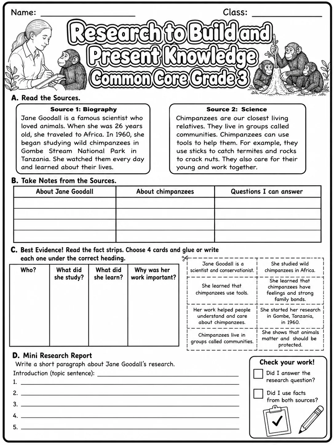 Research to Build and Present Knowledge Common Core Grade 3 page 7 printable Common Core ELA worksheet preview