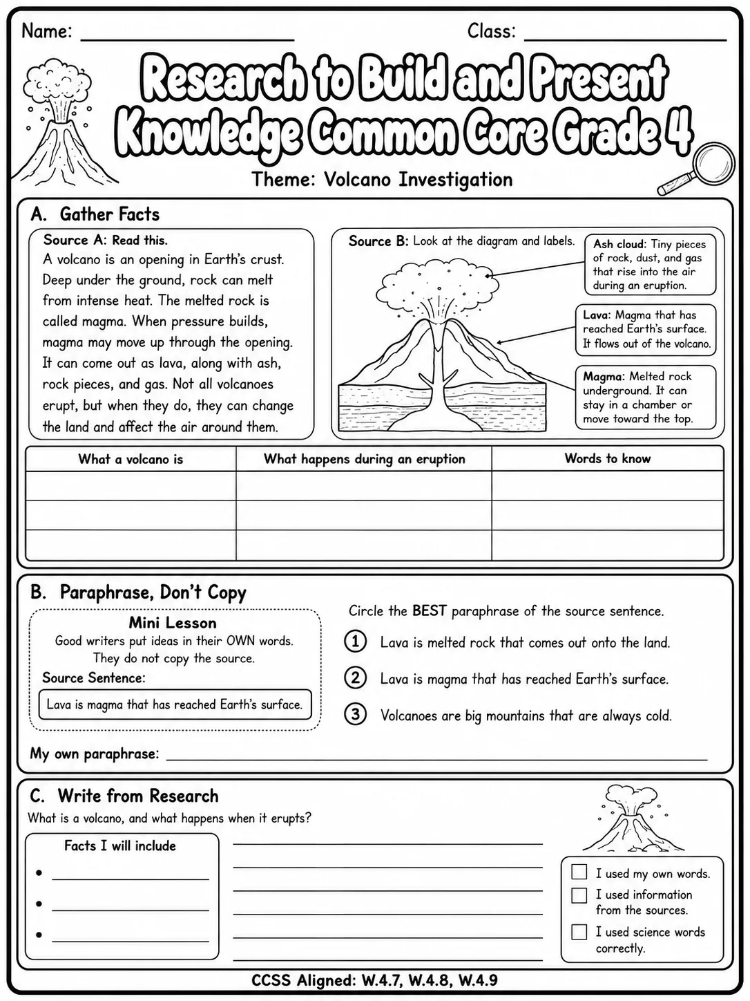Research to Build and Present Knowledge Common Core Grade 4 page 3 printable Common Core ELA worksheet preview