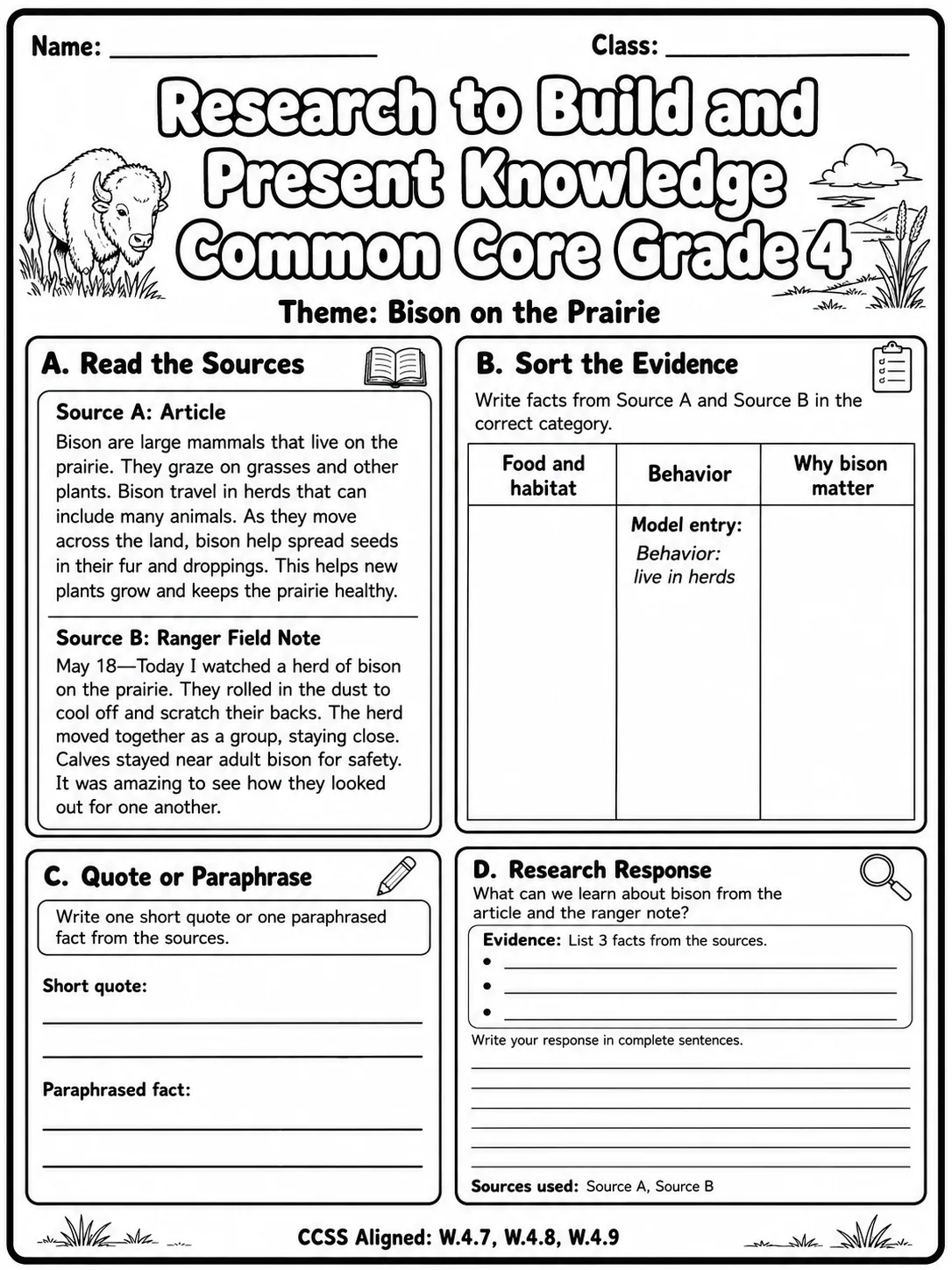 Research to Build and Present Knowledge Common Core Grade 4 page 4 printable Common Core ELA worksheet preview