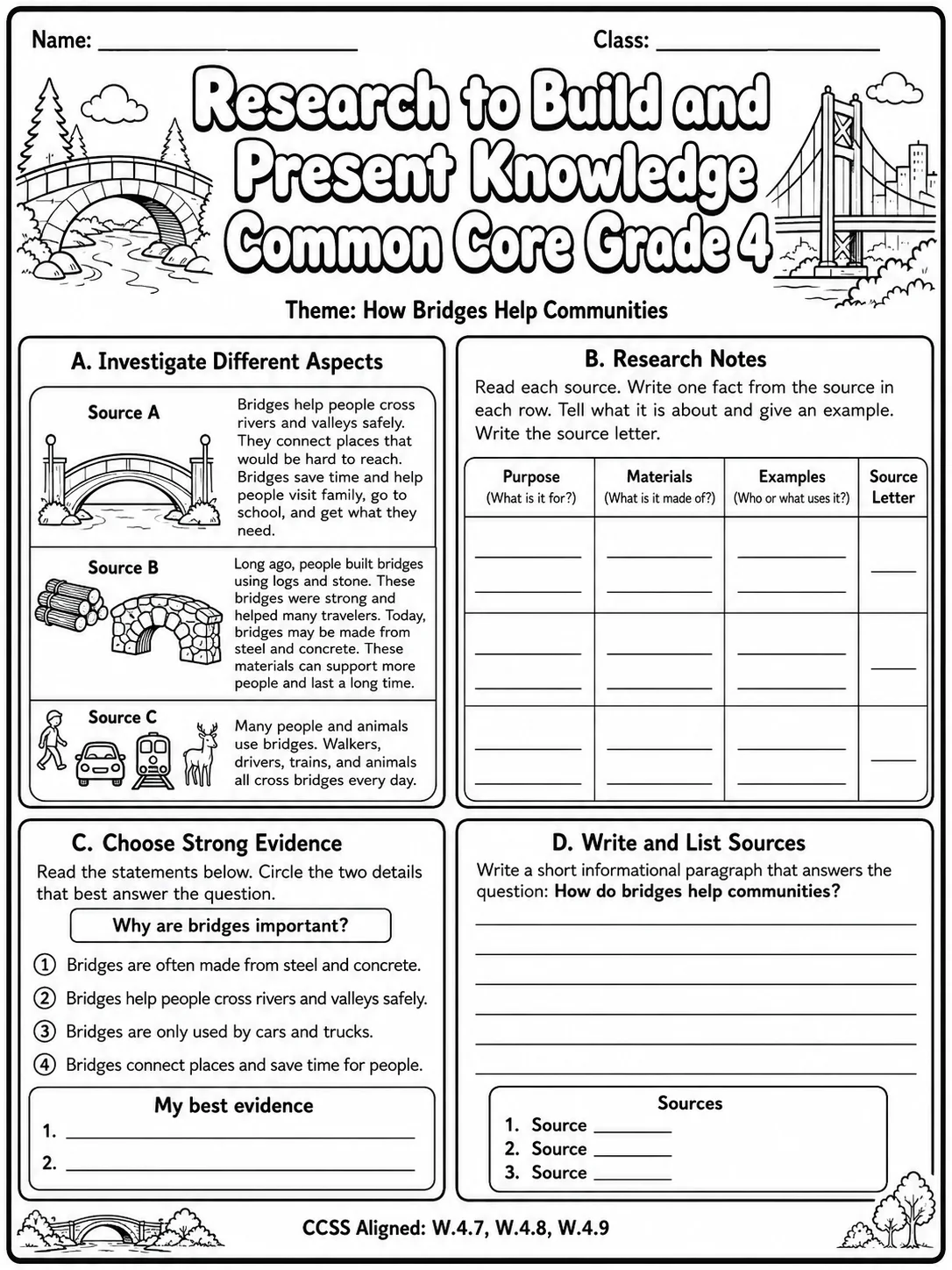 Research to Build and Present Knowledge Common Core Grade 4 page 5 printable Common Core ELA worksheet preview