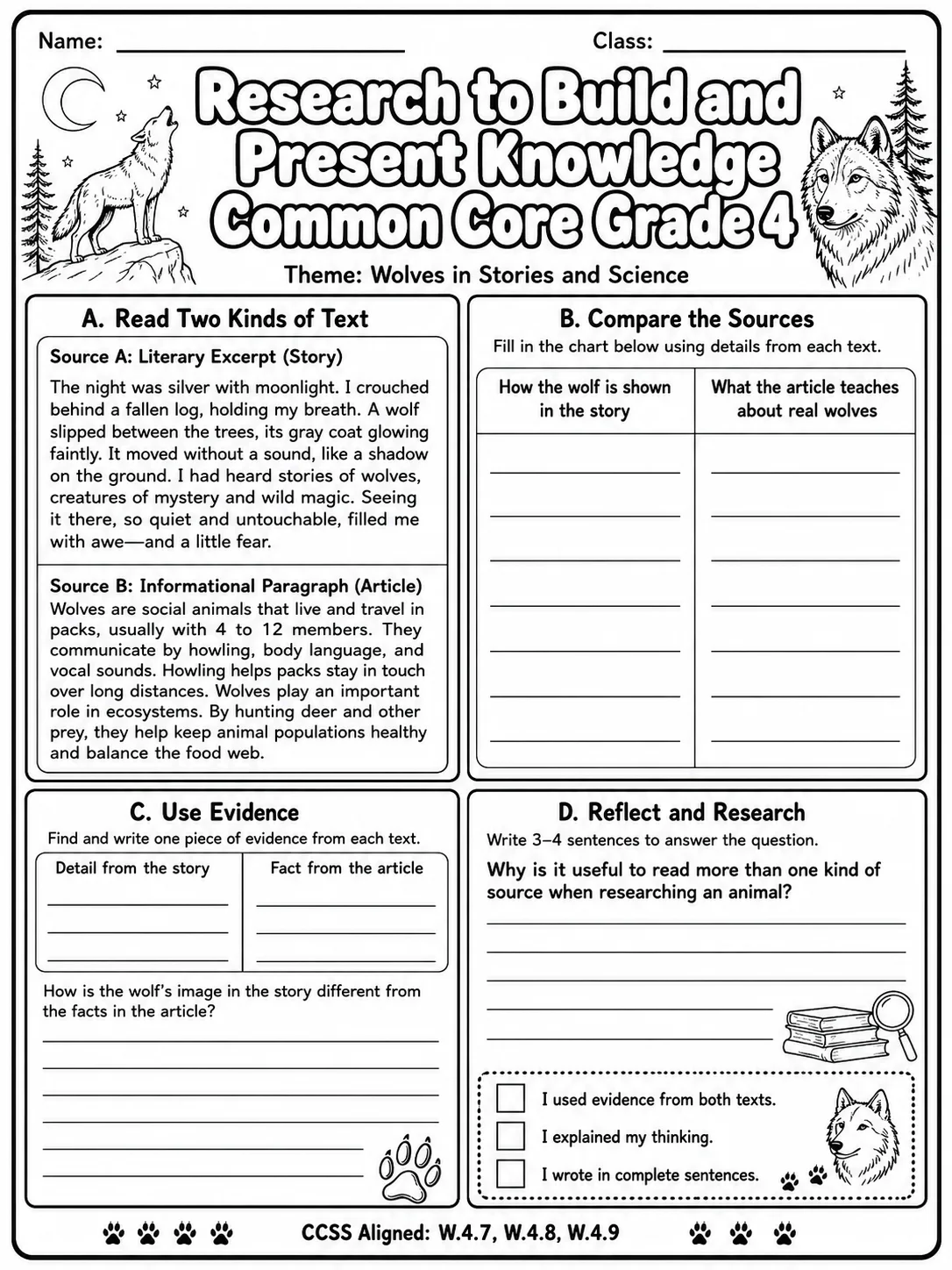 Research to Build and Present Knowledge Common Core Grade 4 page 6 printable Common Core ELA worksheet preview