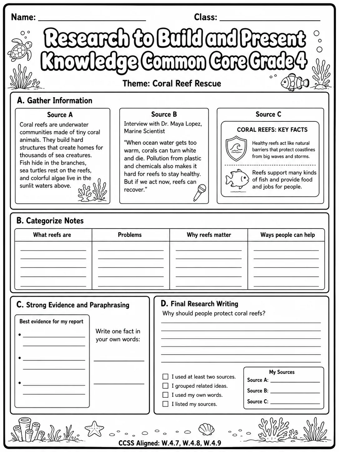Research to Build and Present Knowledge Common Core Grade 4 page 8 printable Common Core ELA worksheet preview