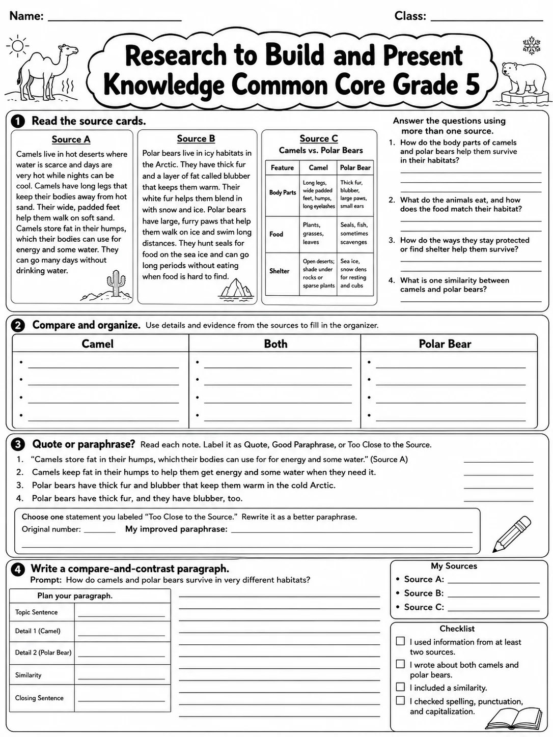 Research to Build and Present Knowledge Common Core Grade 5 page 5 printable Common Core ELA worksheet preview