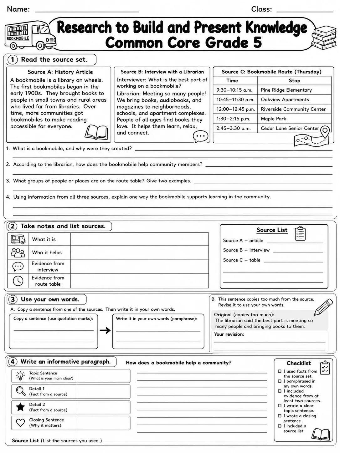 Research to Build and Present Knowledge Common Core Grade 5 page 7 printable Common Core ELA worksheet preview