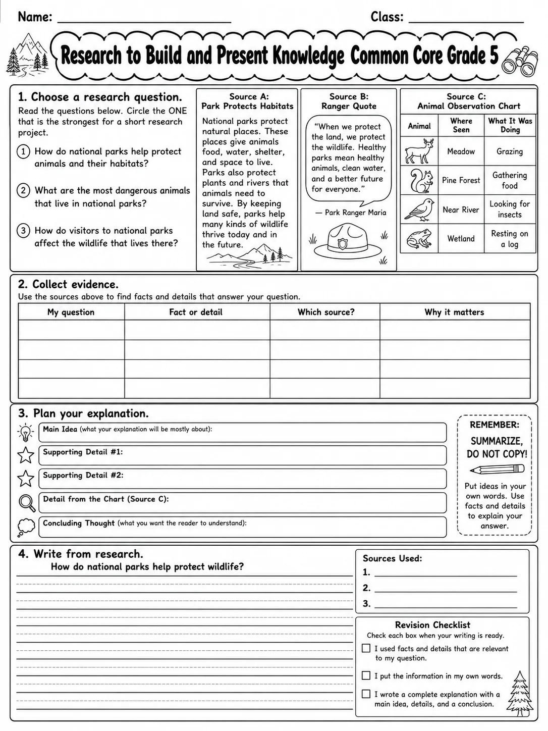 Research to Build and Present Knowledge Common Core Grade 5 page 8 printable Common Core ELA worksheet preview