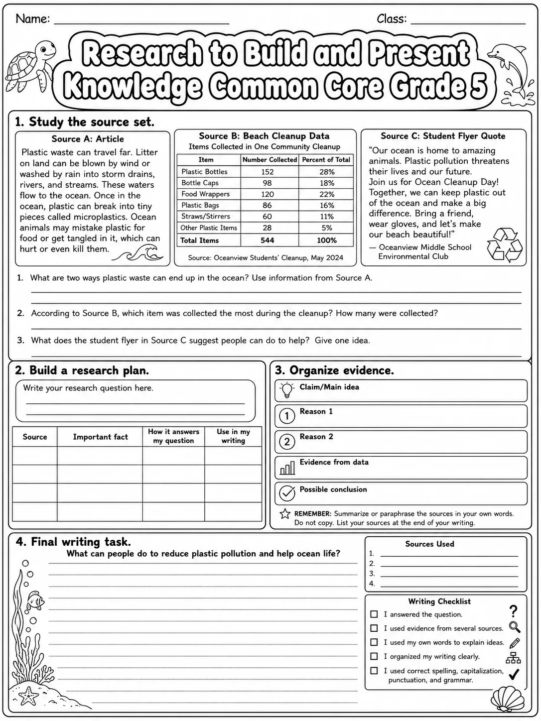 Research to Build and Present Knowledge Common Core Grade 5 page 10 printable Common Core ELA worksheet preview