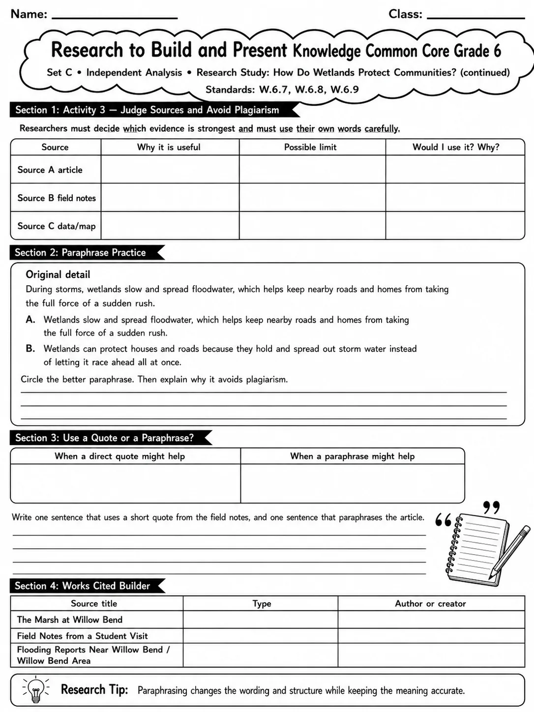 Research to Build and Present Knowledge Common Core Grade 6 page 2 printable Common Core ELA worksheet preview