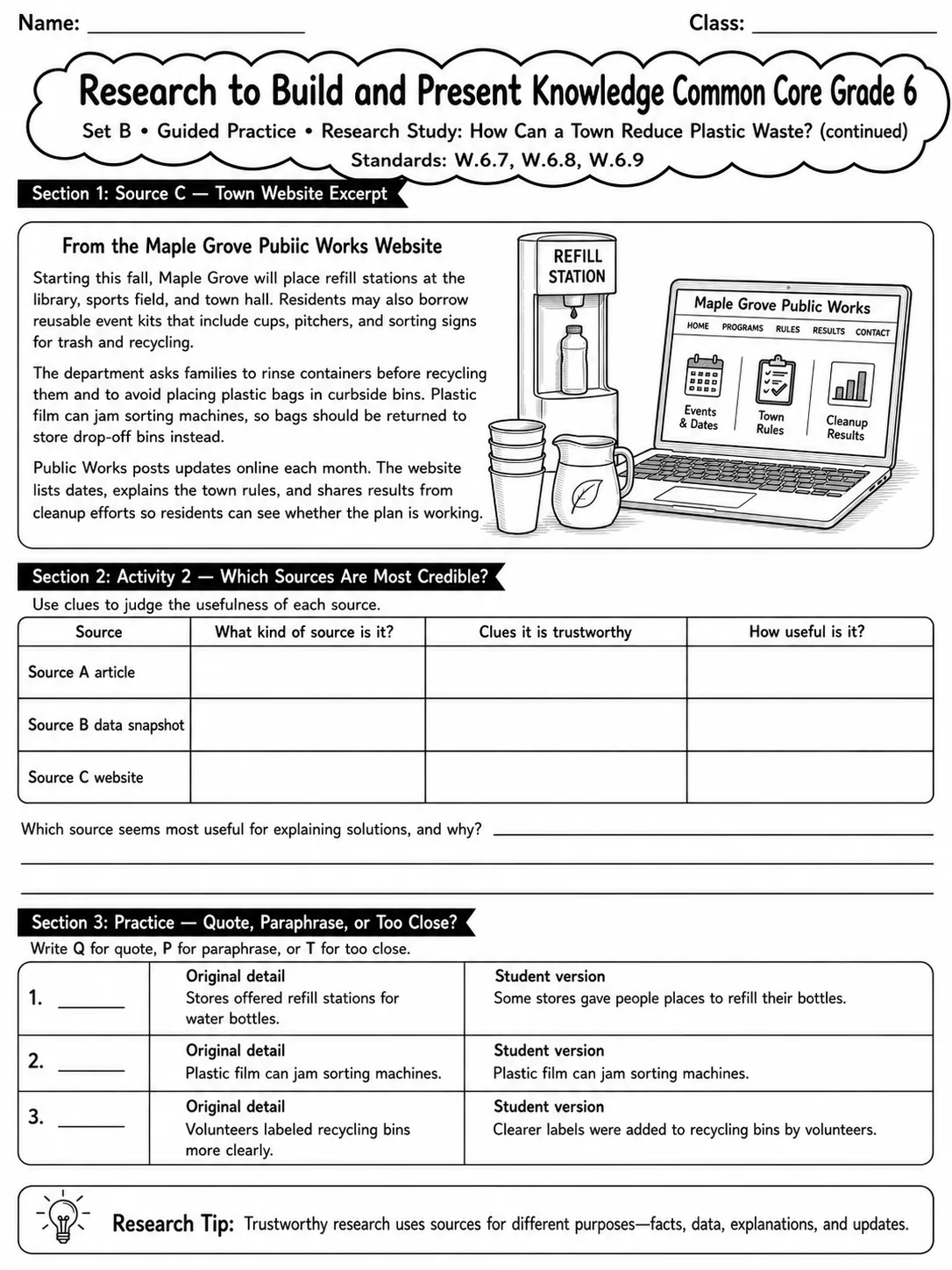 Research to Build and Present Knowledge Common Core Grade 6 page 3 printable Common Core ELA worksheet preview
