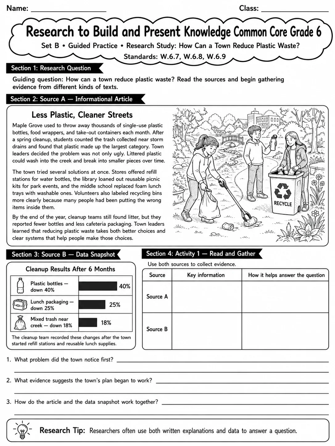 Research to Build and Present Knowledge Common Core Grade 6 page 4 printable Common Core ELA worksheet preview