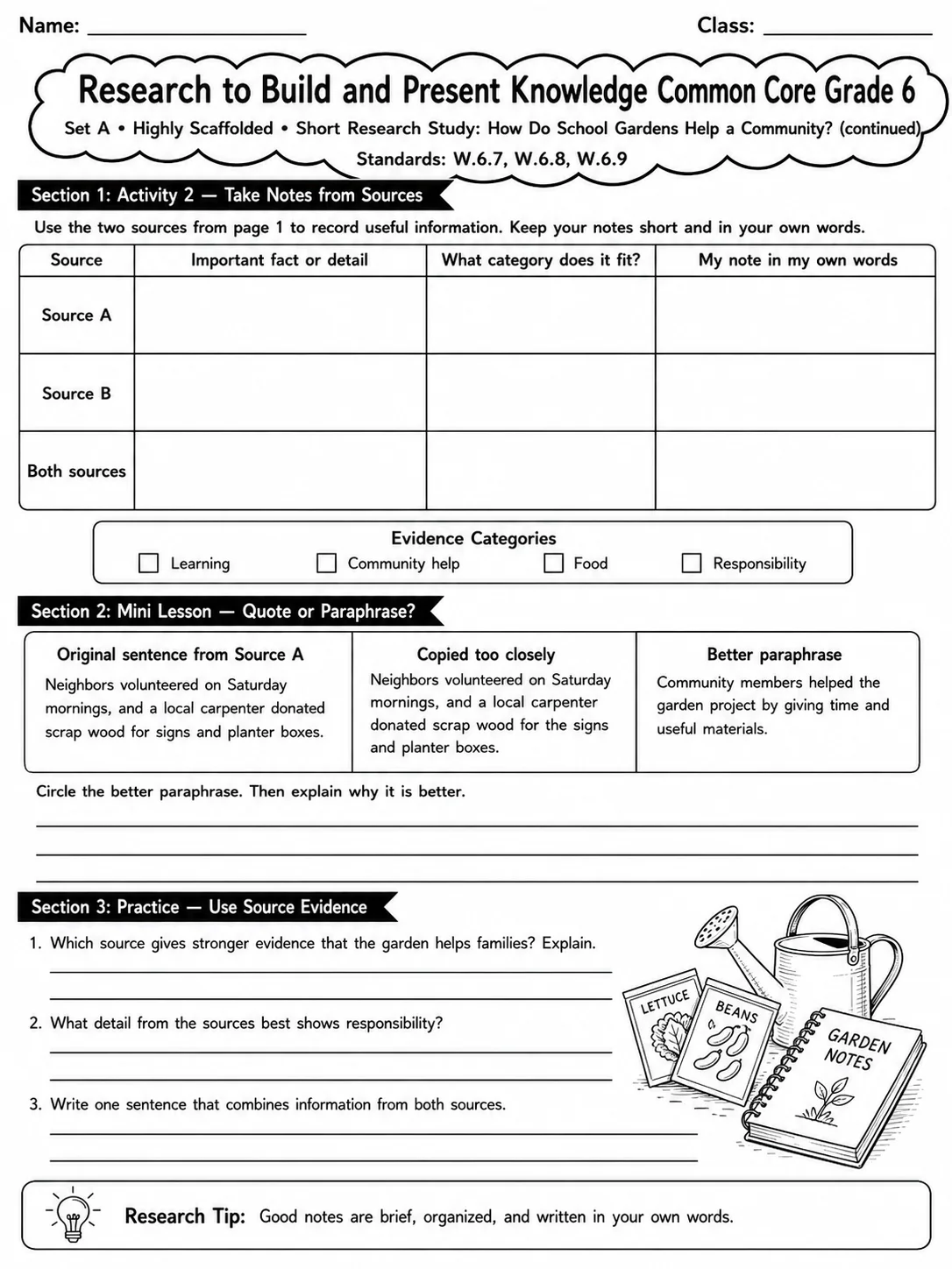 Research to Build and Present Knowledge Common Core Grade 6 page 5 printable Common Core ELA worksheet preview