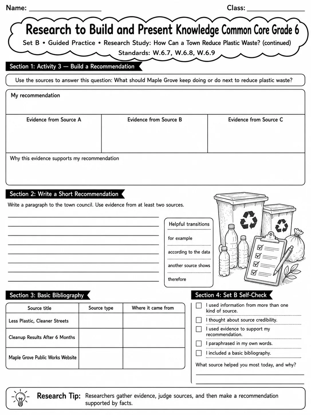 Research to Build and Present Knowledge Common Core Grade 6 page 6 printable Common Core ELA worksheet preview