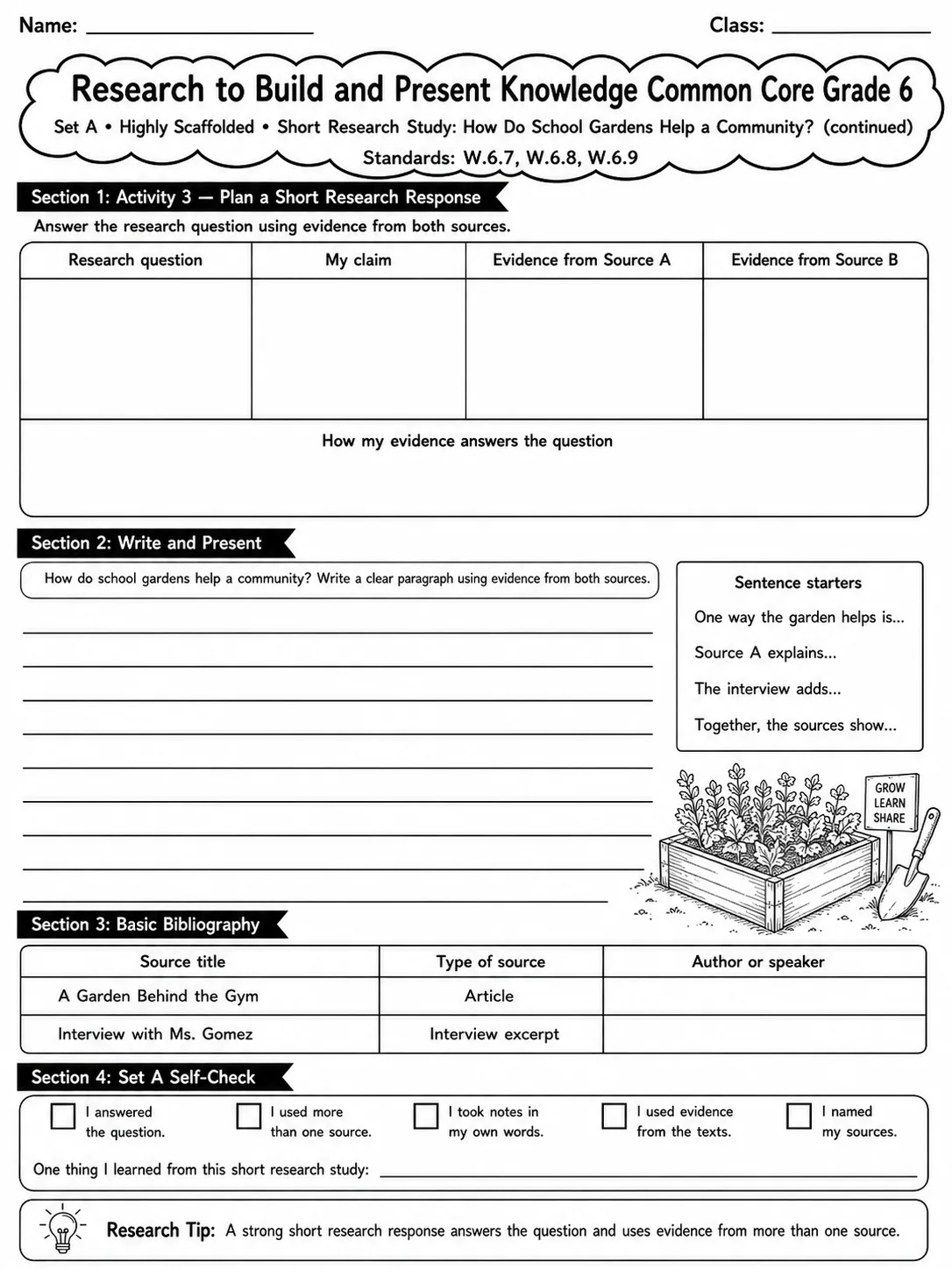 Research to Build and Present Knowledge Common Core Grade 6 page 9 printable Common Core ELA worksheet preview