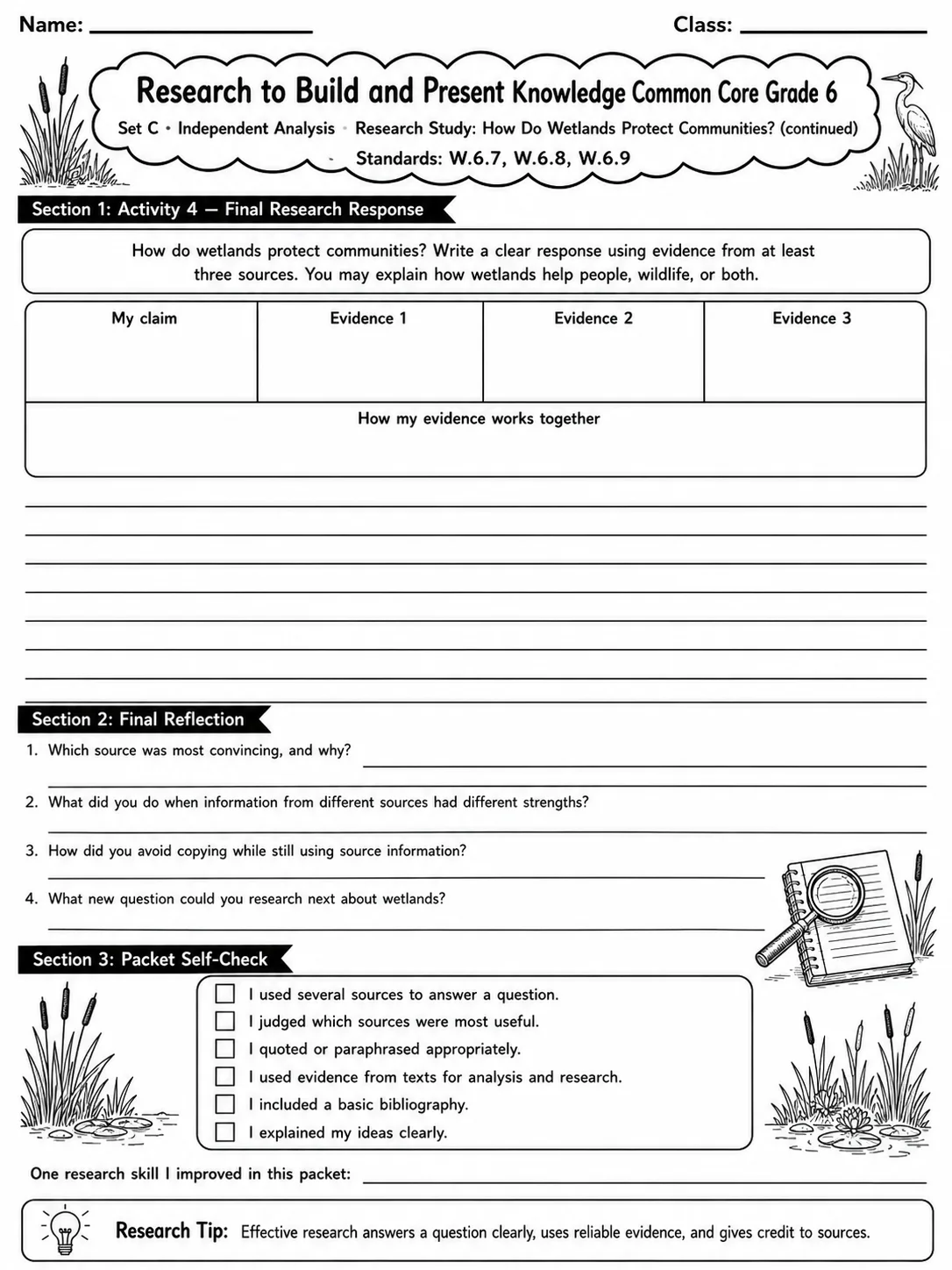 Research to Build and Present Knowledge Common Core Grade 6 page 10 printable Common Core ELA worksheet preview