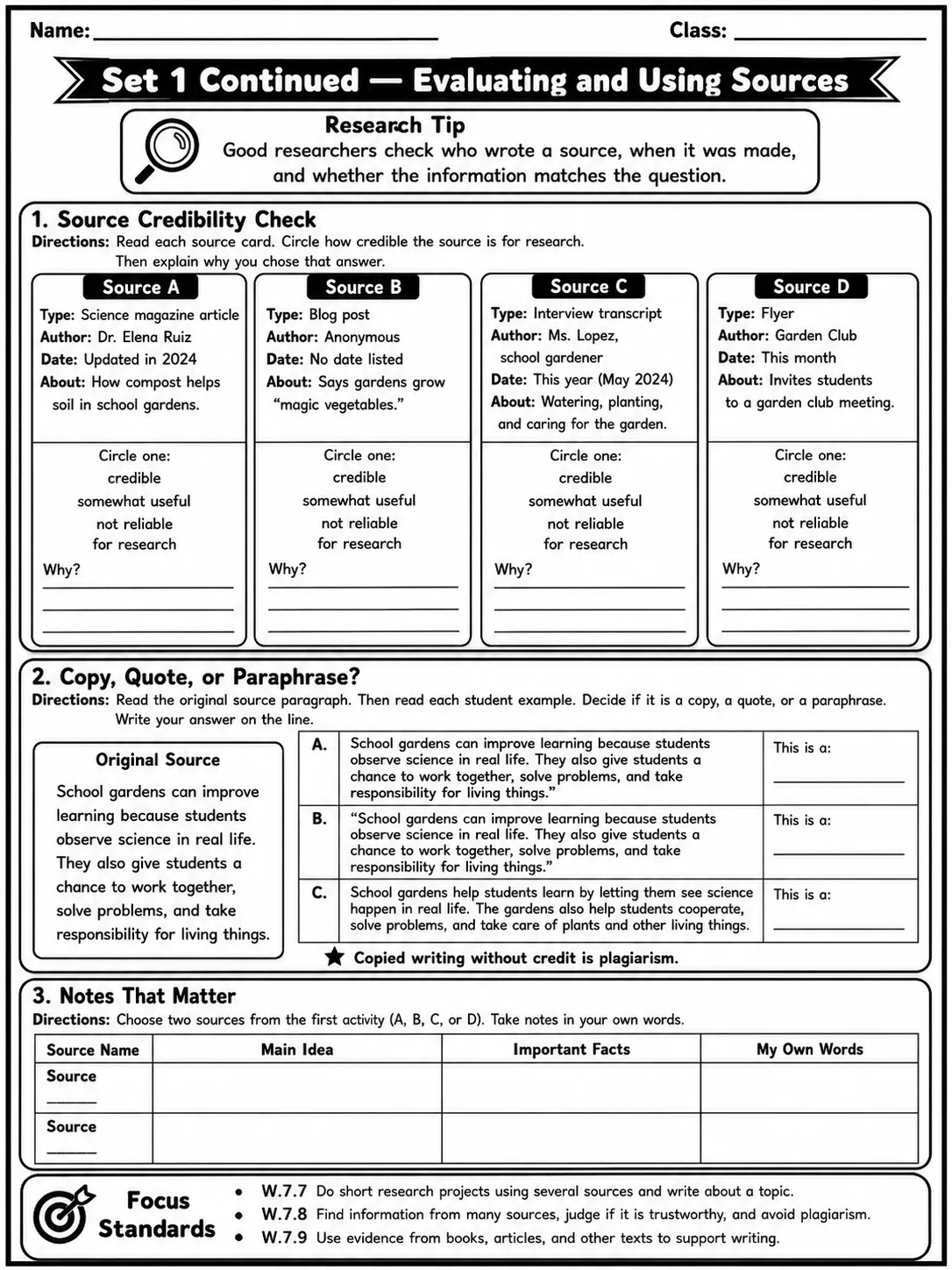 Research to Build and Present Knowledge Common Core Grade 7 page 2 printable Common Core ELA worksheet preview