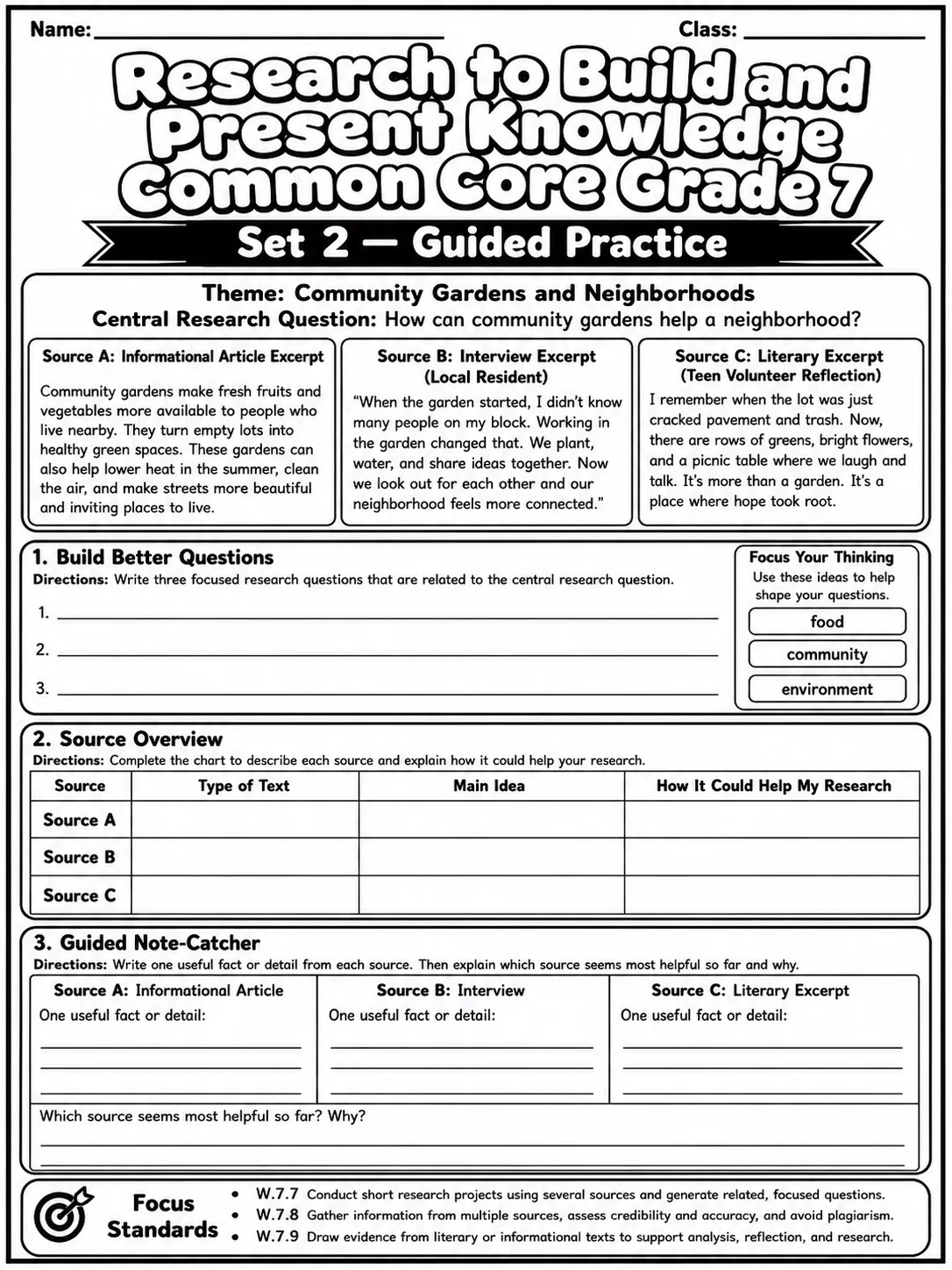 Research to Build and Present Knowledge Common Core Grade 7 page 4 printable Common Core ELA worksheet preview